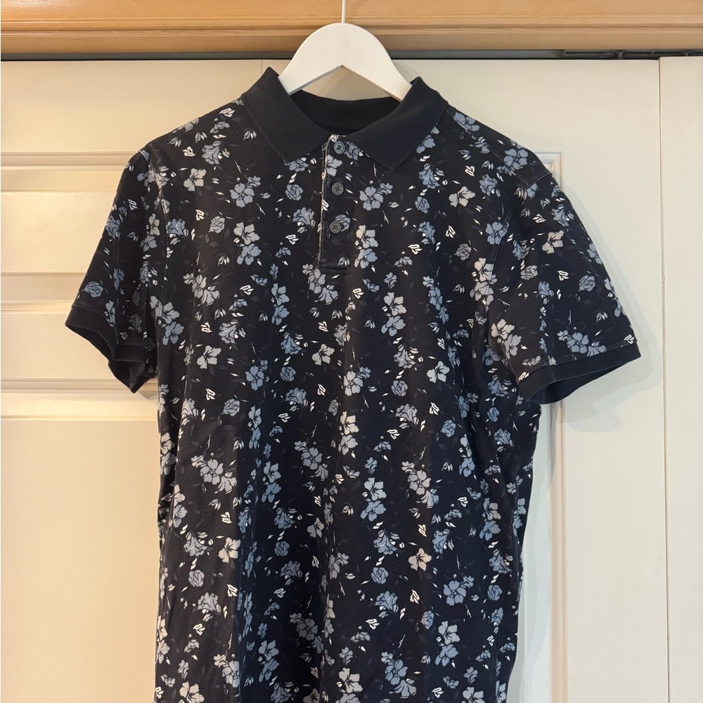 Floral Patterned Men's Polo Shirt - Navy and White